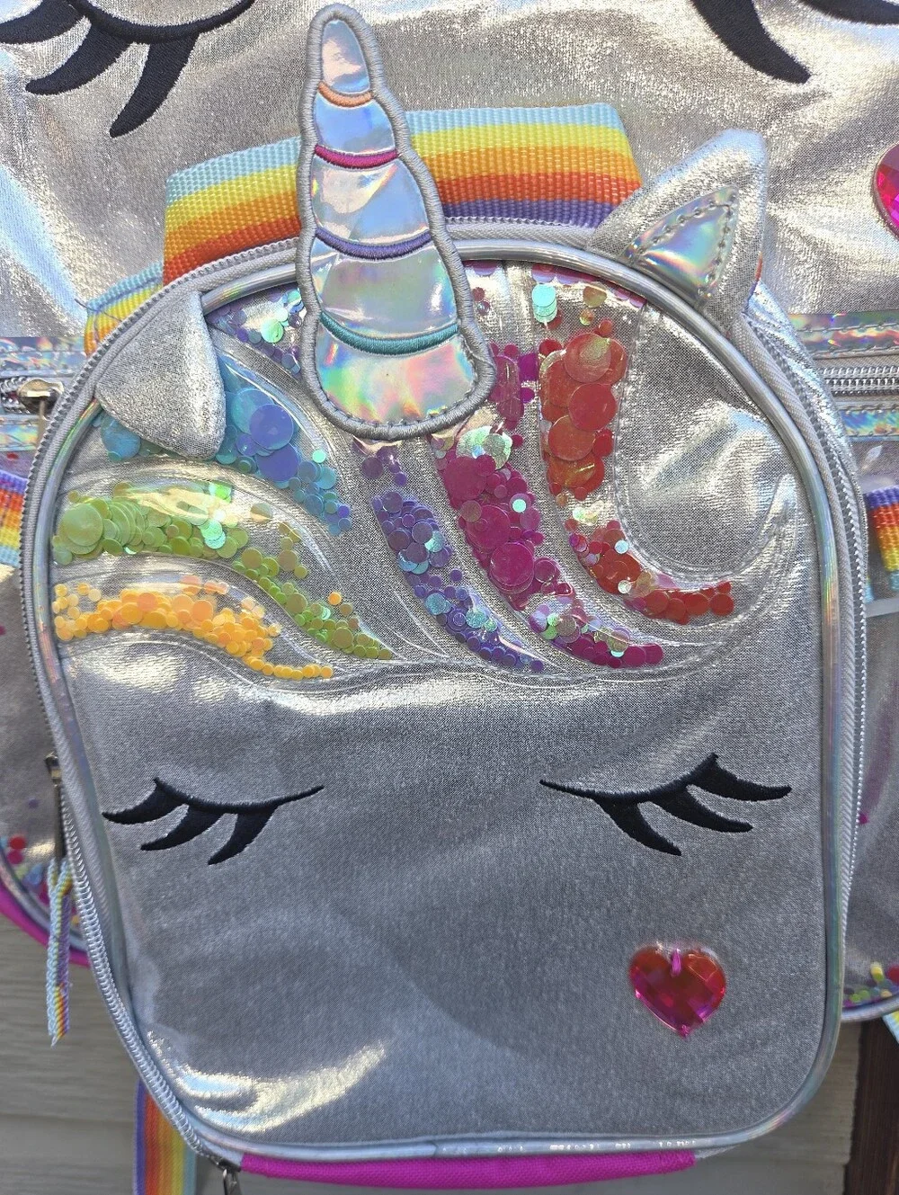 Wonder nation Silver Unicorn Sequin Backpack with Rainbow Accents And Lunch Box